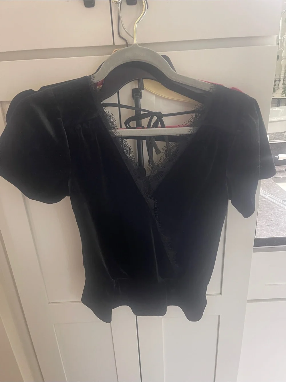 Abercrombie & Fitch Black Velvet V-Neck Lace-Trim Blouse